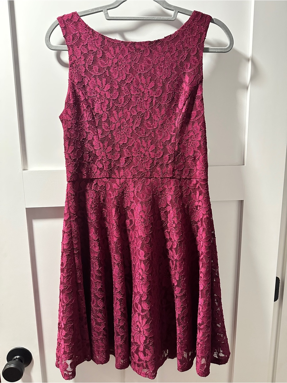 Lace Fit-and-Flare Dress in raspberry